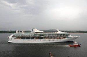 Legend of the Seas departs the Sembawang Shipyard in Singapore.