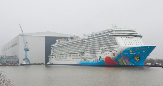 Norwegian Breakaway Floats Out from Building Dock